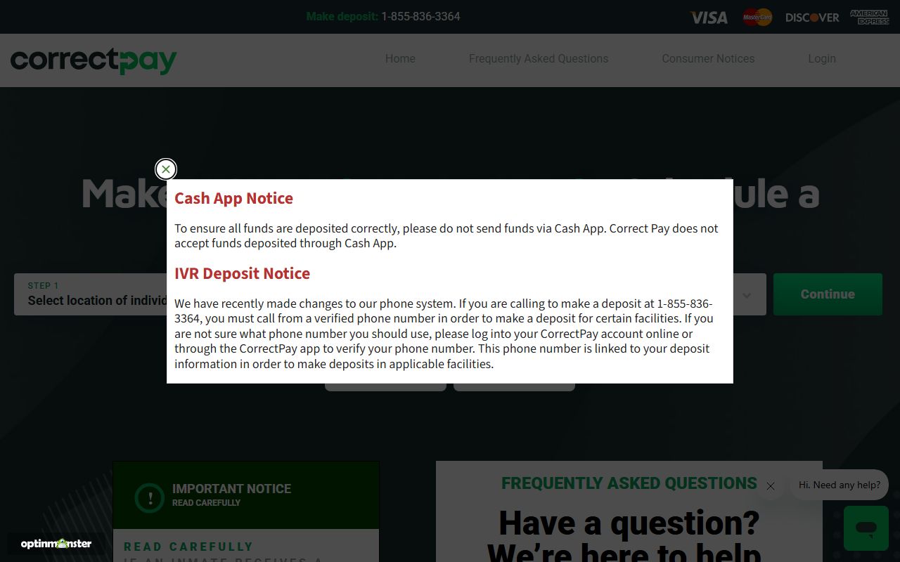 CorrectPay and JailFunds deposit portal for facility service selection