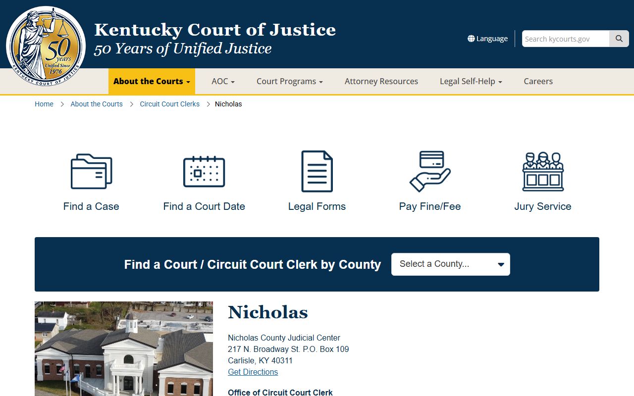 Nicholas County court records after arrest Kentucky Court of Justice page